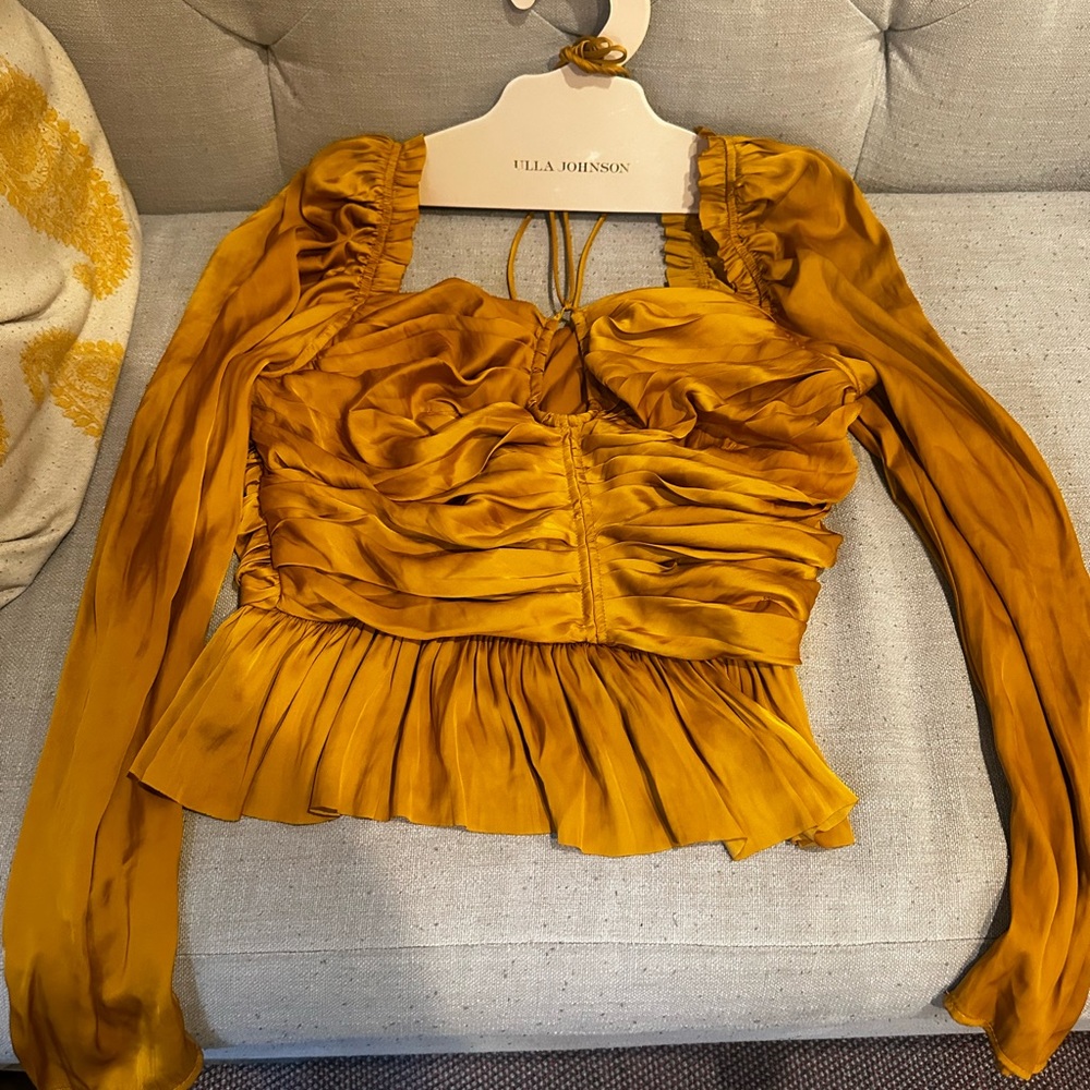 BRAND NEW, never been worn ULLA JOHNSON Mirelle Plissé Satin Peplum Blouse